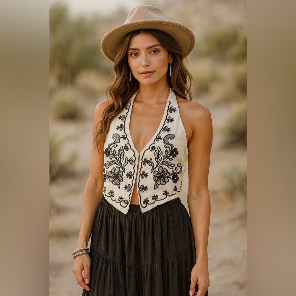 Paisley Cowgirl Cream Halter Top with Black Floral Design